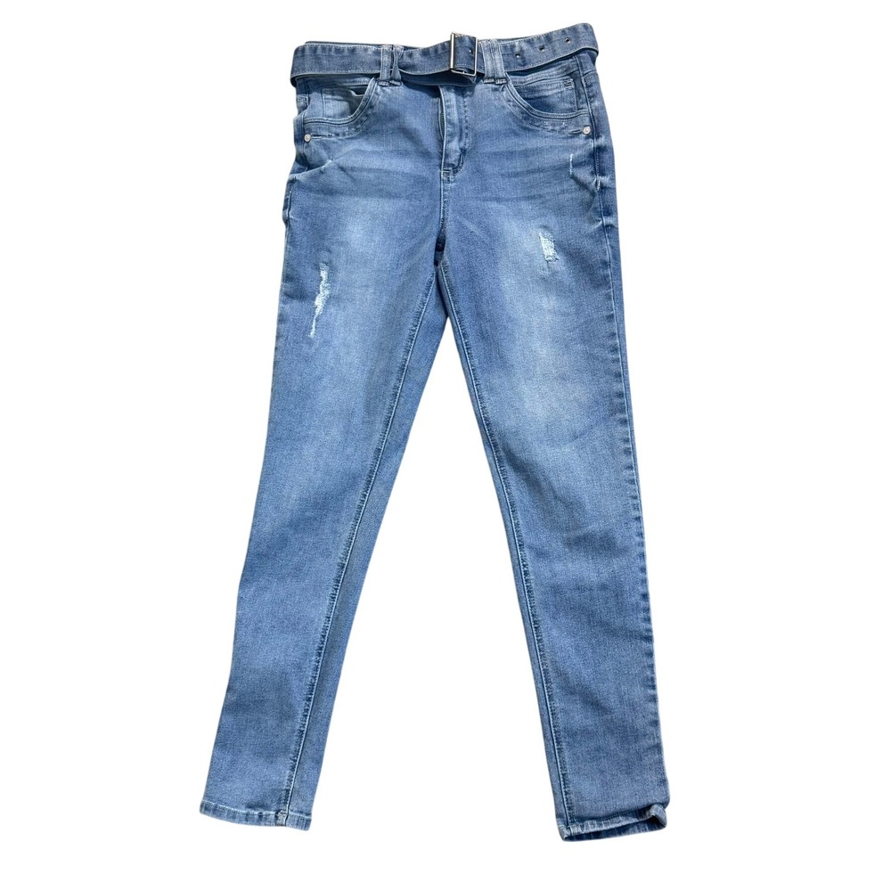 DEMOCRACY Women's 4 Ab Technology Skinny Jeans Medium Wash Distressed Belted